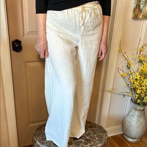 Women's Cream Wide-Leg Linen Pants